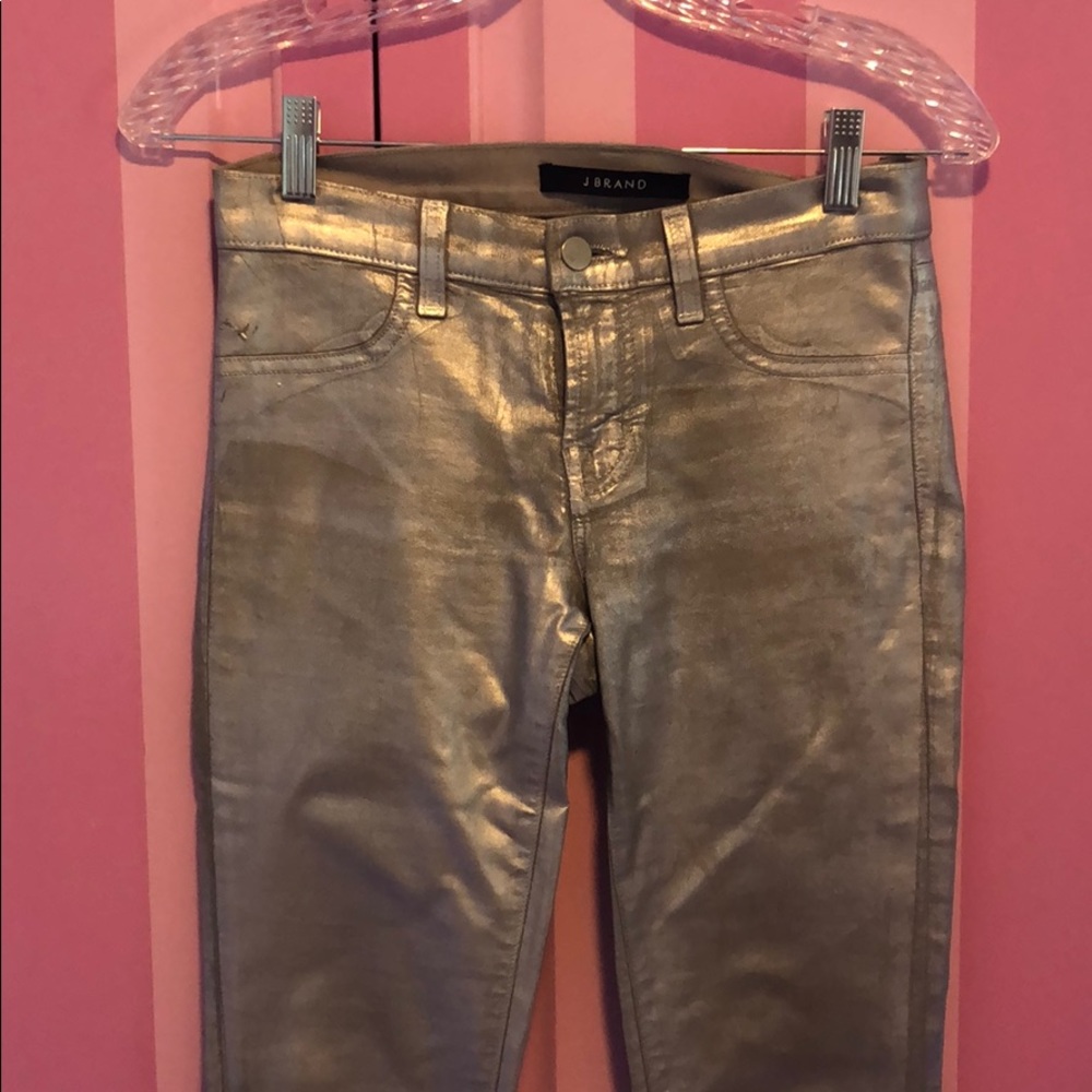 Mid rise skinny silver metallic jeans